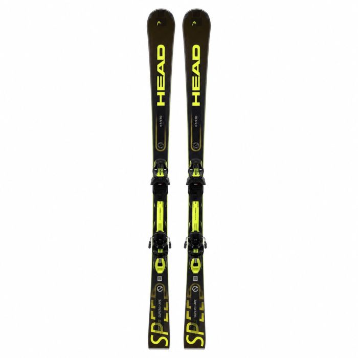 Head Supershape e-Speed carving ski's vooraanzicht, beide ski's naast elkaar hangend op witte achtergrond, met gele 'HEAD' en 'e-SPEED' opdruk op zwart blad, inclusief zwart-gele PRD 12 GW bindingen en 'SUPERSHAPE SPEED' tekst op de tail