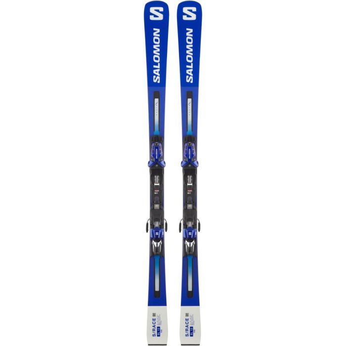 Närbild på Salomon S/Race SL 12 slalomskidor, blå design med Salomon logotyp.